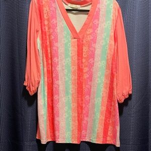Coral and Mint Striped V-Neck Blouse